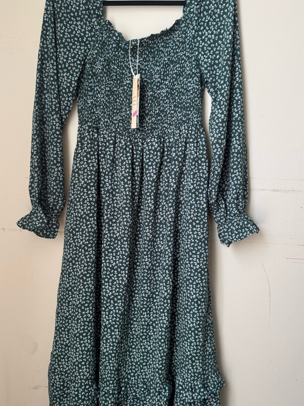 Smocked Long Sleeve Floral Midi Dress in Forest Green - Picture 2 of 5